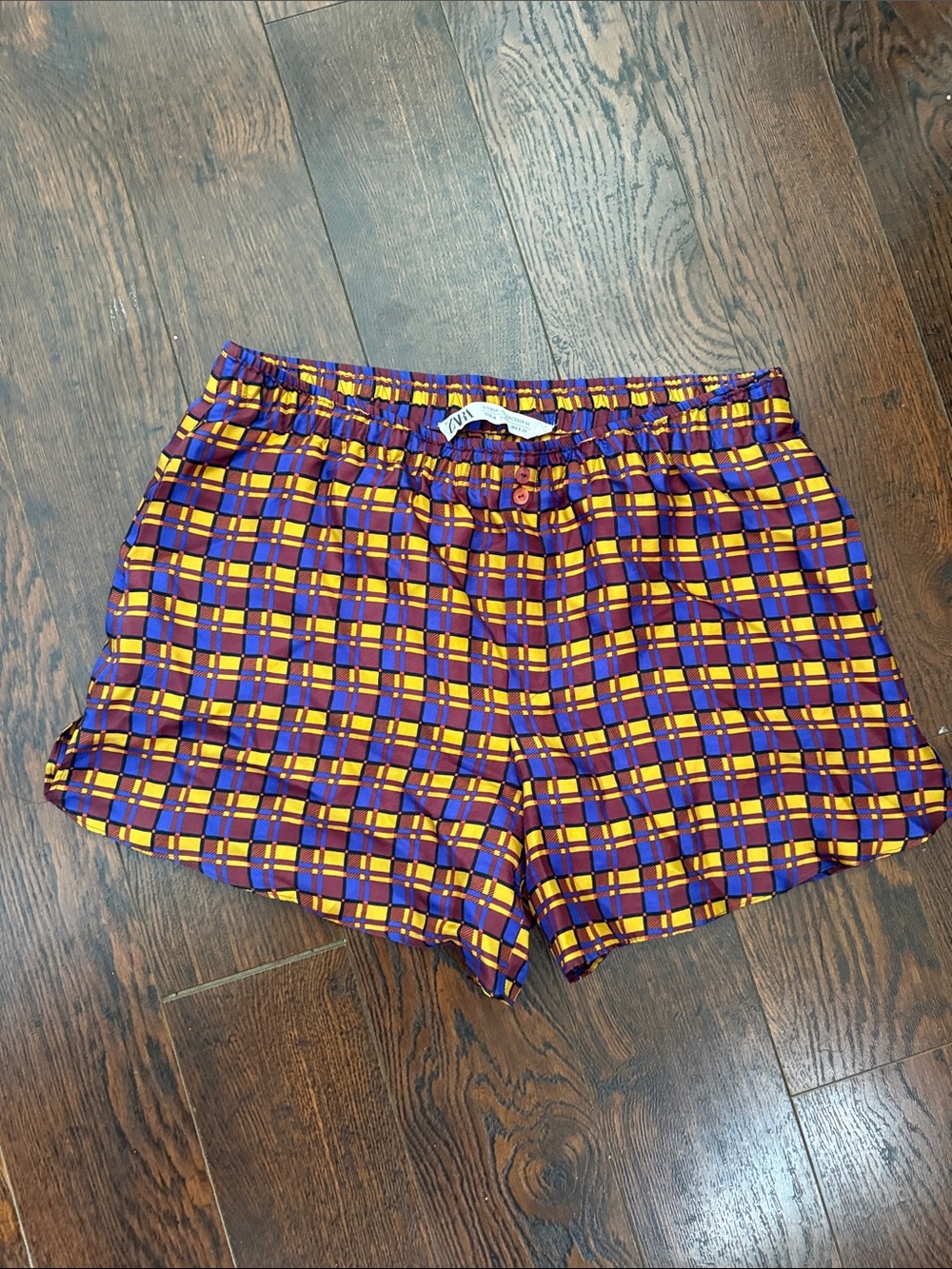 𝐙𝐀𝐑𝐀 Purple & Yellow Plaid Silk Shorts medium